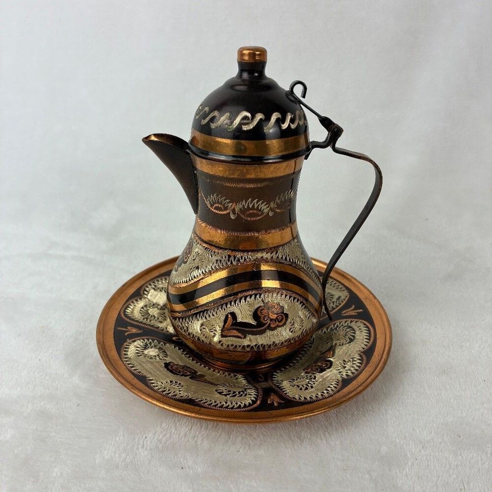 VTG Turkish Dallah Etched Copper Floral Black 2 Pc Set - Coffee Tea Pot Ornate